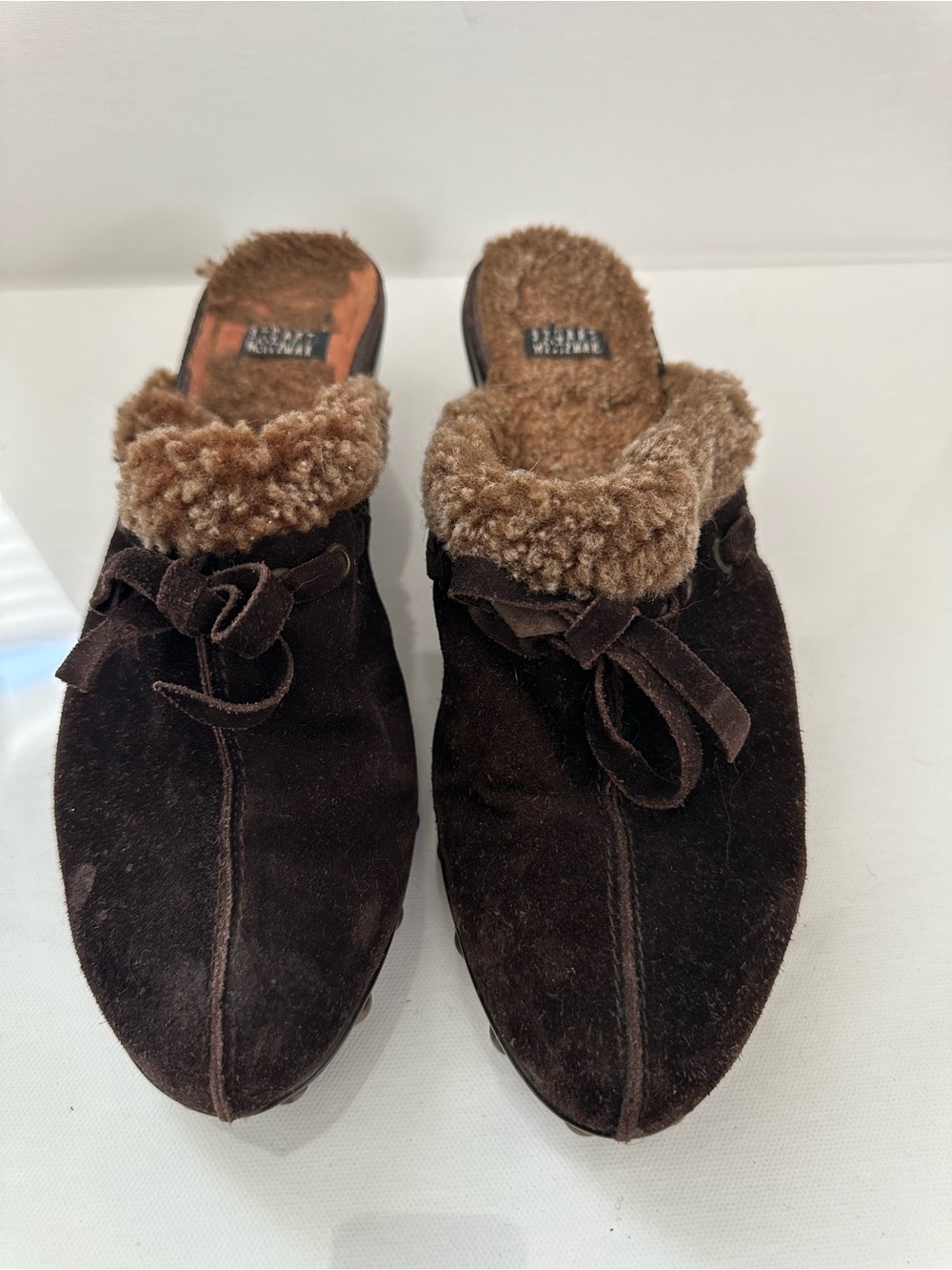 Stuart Weitzman Brown Suede Shearling-Lined Mule Slippers